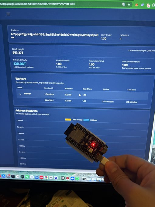 The image shows a person holding up a small electronic device, possibly a flash drive or USB stick, with a computer screen displaying information about Bitcoin mining. The person's hand is positioned over the device, while their fingers are visible above the screen. The background of the image features a computer monitor and keyboard, suggesting that this scene takes place in an office setting where someone might be discussing Bitcoin mining or demonstrating how to mine Bitcoins using a flash drive.

The post about Bitcoin mining seems to be promoting a DIY approach to Bitcoin mining, which involves creating a small electronic device like a flash drive or USB stick with the necessary software and hardware components to mine Bitcoins. The person holding up the device in front of the computer screen is likely presenting this idea or showcasing their own Bitcoin mining setup.