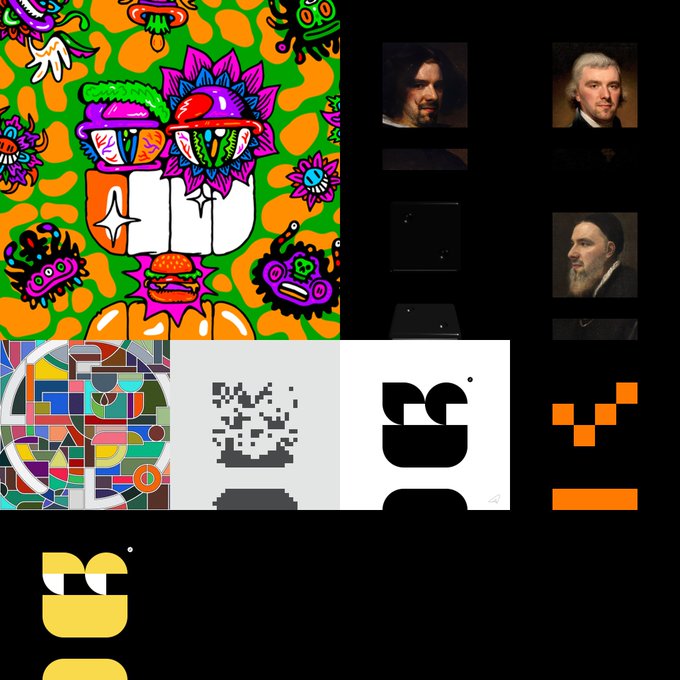 A collage showcasing various graphic design styles, including a colorful retro pattern, classical portraits, a Google Doodle pixel art, and multiple iterations of a modern logo design.