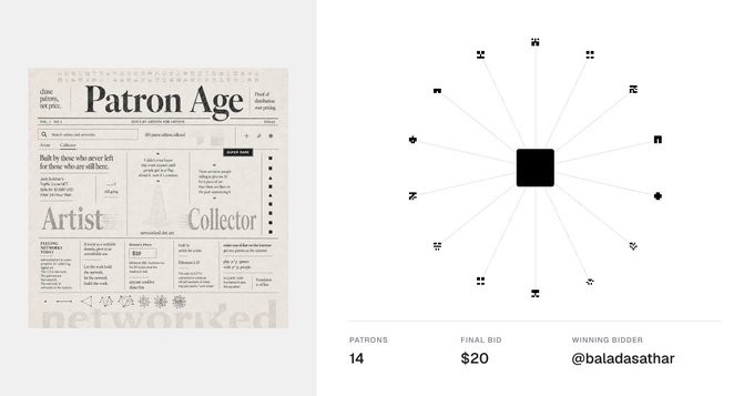 An infographic showing a newspaper titled "Patron Age" alongside a network diagram of patrons, noting "PATRONS 14," "FINAL BID $20," and "WINNING BIDDER @baladasathar."