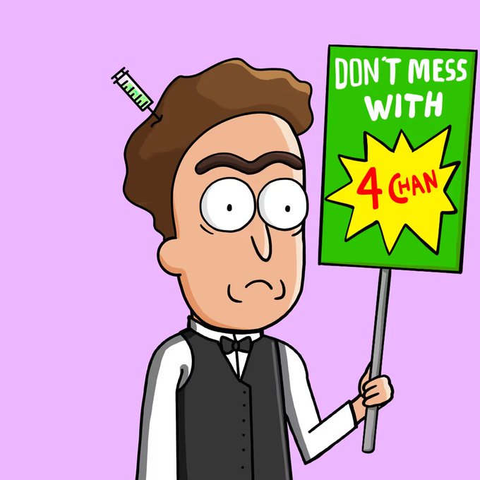 Cartoon illustration on a pink background of a young man in a butler outfit with a syringe stuck in his forehead, holding a green sign reading 'DON'T MESS WITH 4CHAN' in white and red text.