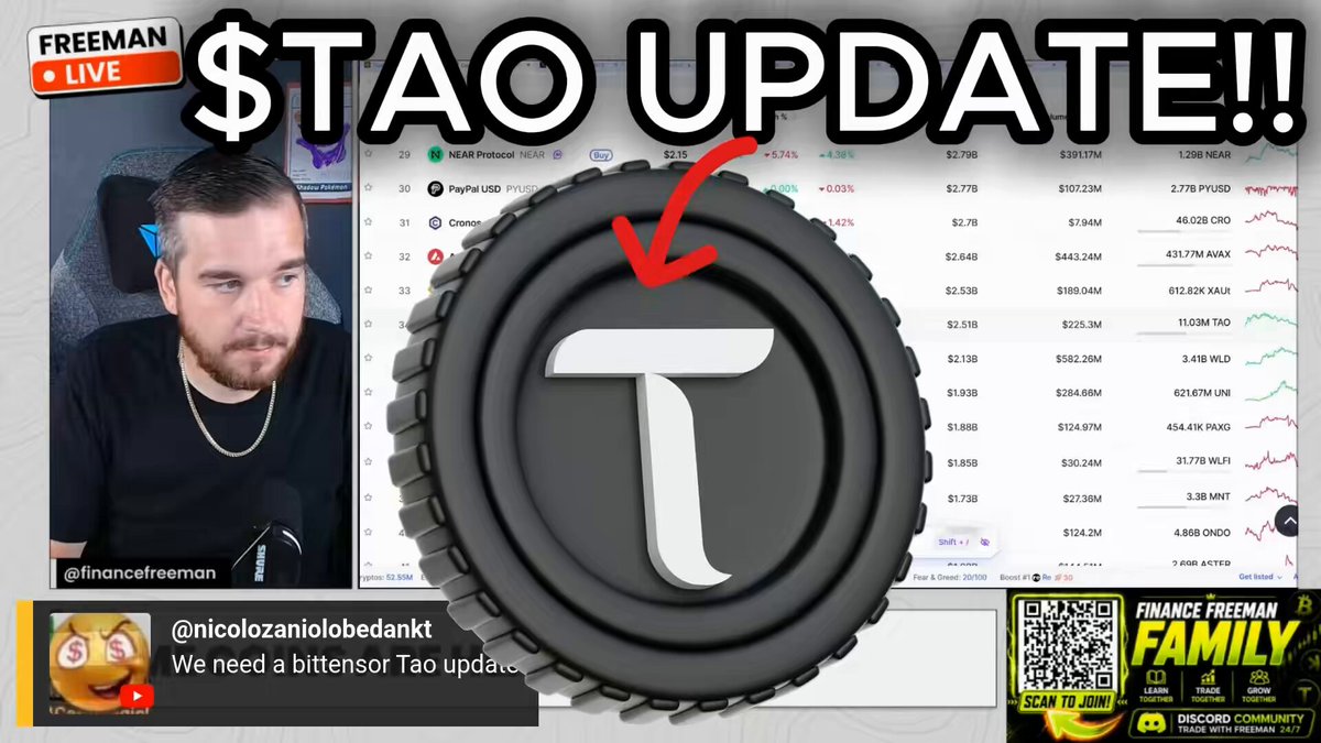 The image features a man sitting behind a computer screen, with a large black coin placed directly in front of him. The text above the coin reads "TAO update!", indicating that there has been an update or new information about the coin. Below the coin, there is a Q&A format asking for advice on whether to buy or sell the coin based on its current market cap and adoption rate.