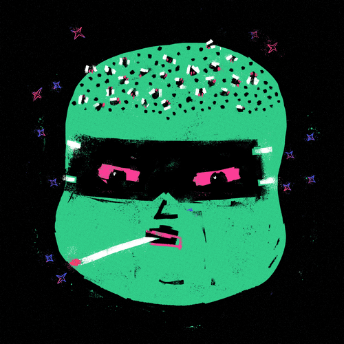 A stylized digital illustration of a green masked figure with glowing pink eyes smoking a cigarette, set against a black background decorated with colorful stars.