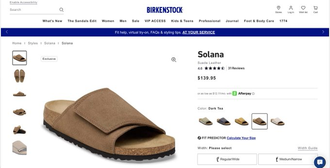 A screenshot of the Birkenstock website showing the "Solana" Suede Leather slide sandals in Dark Tea, priced at $139.95 with a 4.6-star rating from 31 reviews, which juxtaposes an idealized luxury footwear purchase against the more modest "Solana shoes we got."