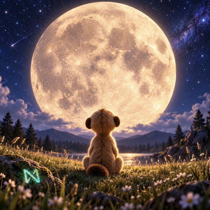 A teddy bear sits in a grassy field at night, gazing up at a massive full moon under a starry sky.
