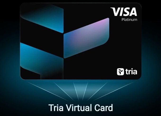 The image features a virtual card with a Tria logo at its center. The text "Tria Virtual Card" is displayed above the card, indicating that this is an electronic payment method offered by the company. The background of the image is dark blue, which contrasts with the white text and makes it stand out. The main focus of the image is on the virtual card itself, highlighting its features and benefits for users.