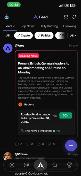 A mobile screenshot of the Ares prediction market app showing a 'Breaking News' post about French, British, and German leaders planning to co-chair a Ukraine meeting, with a 50% prediction market on 'Russia-Ukraine peace talks by December 31, 2026?'