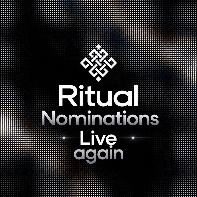 A black promotional graphic with a dotted light pattern displays the text "Ritual Nominations Live again" beneath a white geometric knot logo.