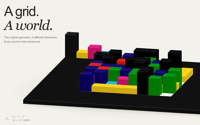 A minimalist design poster featuring a 3D arrangement of colorful cubes on a black grid titled 'A grid. A world.', credited to X / Y / Z with the tagline 'The original geometry. A different dimension. Every source mark preserved.'