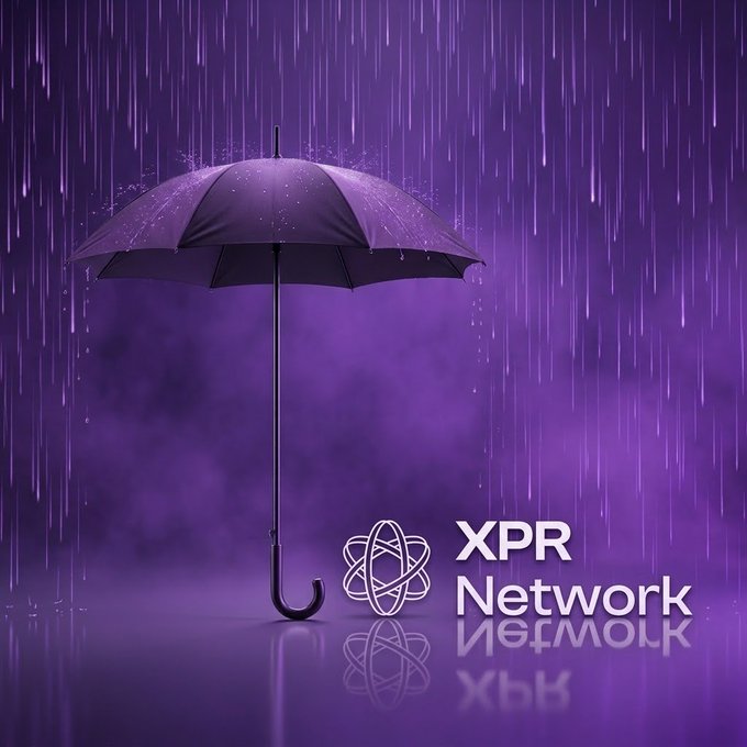 A purple umbrella stands against a rainy purple background with the 'XPR Network' logo and atomic symbol displayed at the bottom right.