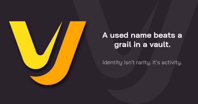 A dark graphic featuring a large yellow 'y' logo beside the quote 'A used name beats a grail in a vault. Identity isn't rarity. It's activity.'