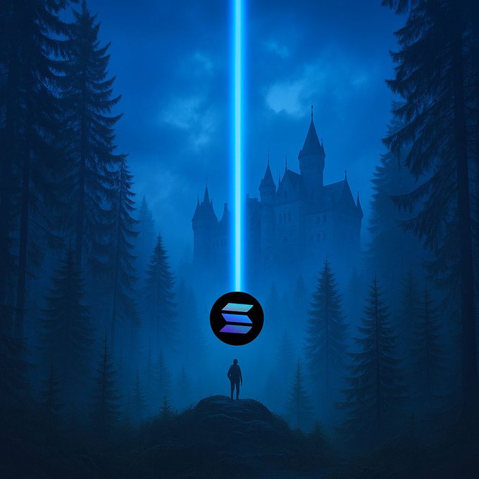 A dark, moody image showing a person standing on a rock looking toward a castle in the distance, with a bright blue vertical beam of light descending from the sky and a Solana logo floating in the center.