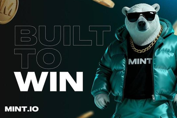 A promotional graphic for MINT.IO featuring a cool white bear wearing sunglasses, a gold chain, and a teal puffer jacket, with the tagline 'BUILT TO WIN' and gold coins in the background.