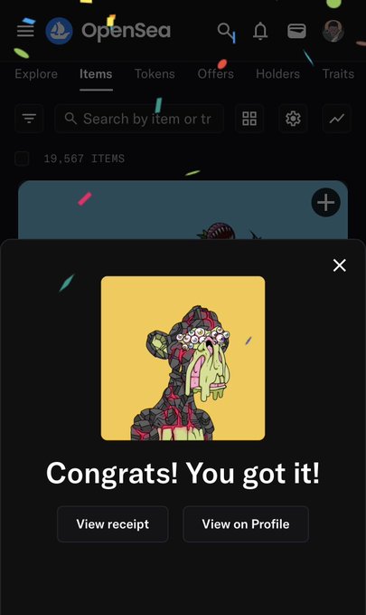 A confirmation screen from OpenSea displays a purchased NFT with a colorful illustration of a monkey character on a yellow background, accompanied by the text "Congrats! You got it!" along with options to "View receipt" and "View on Profile." The post celebrates the acquisition of this "monke" NFT, with the total collection count of 19,567 items visible in the background.