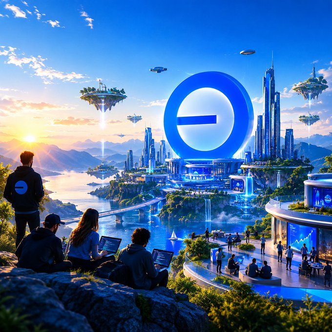 A futuristic landscape features people observing from a rocky outcrop while others work on laptops near a floating city dominated by a large glowing blue circular logo with a horizontal bar, resembling the Edge browser icon, alongside flying vehicles and floating islands.
