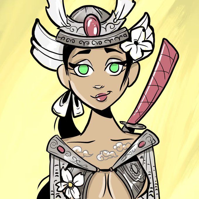 An illustrated character with green eyes, dark hair, and a winged crown-like headdress stands beside a sword with a pink hilt against a yellow background.