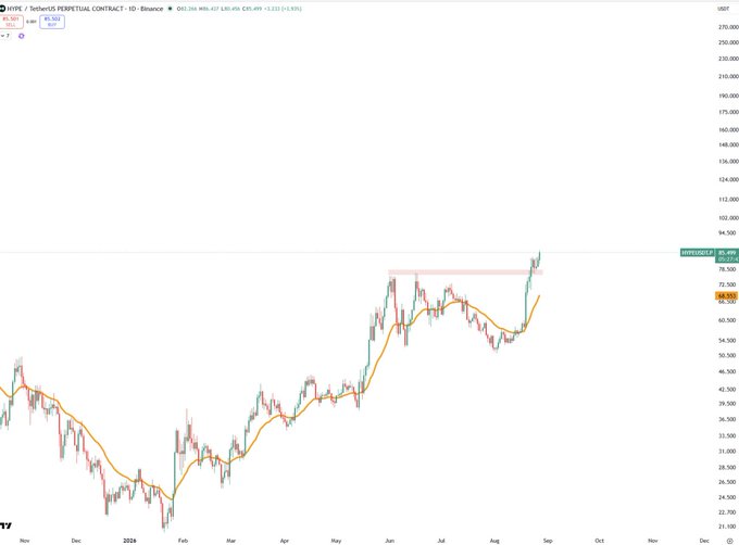 TradingView chart of HYPE/USDT Perpetual Contract on Binance showing price recovery from ~$24 lows to ~$85 highs, with current price at $85.490 (+1.33%) and resistance zone marked around $81-84.