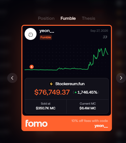 A screenshot from the Fomo app shows a user's "Fumble" feed entry for "Stockerereum.fun" ($76,749.37, up 1,746.45%), posted by user "yeon___" on Sep 27, 2026, with stats showing $350.7K MC sold and $6.4M MC current. The image illustrates the post's theme of bad trade timing, highlighting a token's massive price surge after the user had already sold their position—a "fumble" they couldn't capitalize on despite watching the market closely.