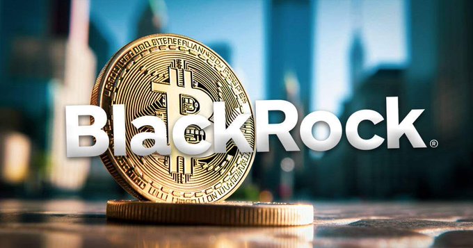 A 3D-rendered graphic of a gold Bitcoin coin standing upright with the 'BlackRock' company logo prominently overlaid in silver text against a blurred city background.