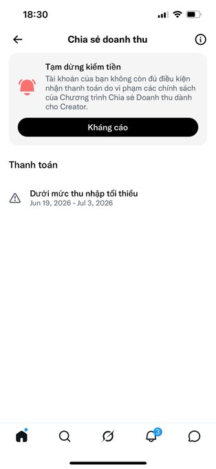 A mobile app screenshot in Vietnamese titled 'Chia sẻ doanh thu' showing a monetization pause notification and payment information indicating 'Dưới mức thu nhập tối thiểu' from Jun 19, 2026 - Jul 3, 2026.