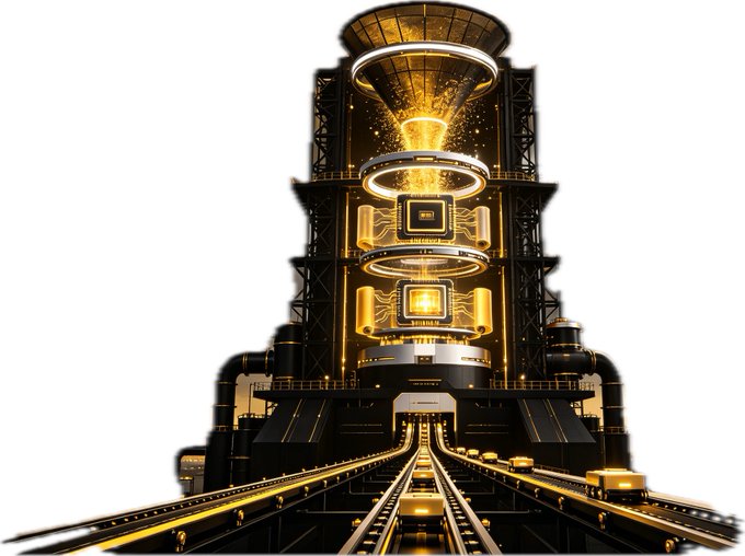 A towering industrial structure illuminated with glowing gold circuitry and ascending conveyor rails, symbolizing the rise of ARKIE's AI execution engine where intelligence transforms into tangible, productive action.