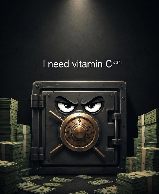 The image shows a menacing cartoon safe with an angry expression surrounded by stacks of cash, with the text "I need vitamin Cash" above it. The post appears to be a tongue-in-cheek call to action, humorously equating cryptocurrency wealth ("vitamin Cash") with participating in a promotion for @gmmeai via an Ethereum wallet.