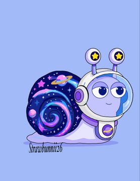 A digital illustration of a cute snail with a galaxy-patterned shell and a space-themed helmet, signed 'Scrapbumm126' on a light blue background.