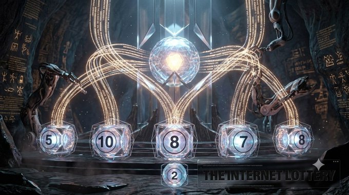 Fantasy-themed 'The Internet Lottery' graphic depicting mystical orbs displaying numbers (5, 10, 8, 7, 8, 2) in an ancient stone chamber with glowing energy streams.