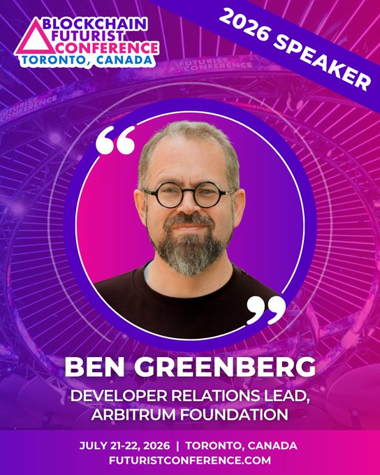 The image features an advertisement for a speaker event taking place in Toronto, Canada. The poster includes a photo of a man wearing glasses and a beard, with his face centered against a purple background. The text on the poster announces that Ben Greenberg will be speaking at the event, specifically about "Developer Relations Lead, Arbitrum Foundation". The poster also mentions that the event is scheduled for July 21st and 22nd in Toronto, Canada.