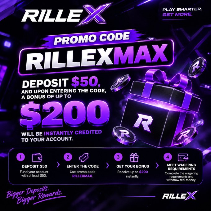 A promotional advertisement for 'RILLE X' features promo code 'RILLEXMAX' offering a $200 bonus on a $50 deposit, with a purple gift box graphic and four-step instructions for deposit, code entry, bonus receipt, and wagering requirements.