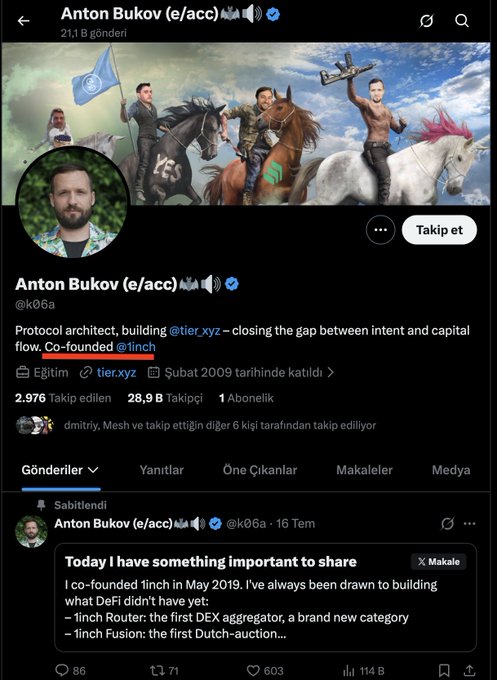 The image shows a Twitter/X profile page for Anton Bukov (@k06a), a protocol architect at tier_xyz and co-founder of 1inch, featuring a banner with a "K" unicorn meme illustration. The pinned tweet from 16 Tem announces important news about his co-founding 1inch in May 2019, highlighting his role in creating 1inch Router (first DEX aggregator) and 1inch Fusion (first Dutch-auction), which aligns with the post's discussion of following the @tier_xyz project by the "airdrop king" co-founder of 1inch.