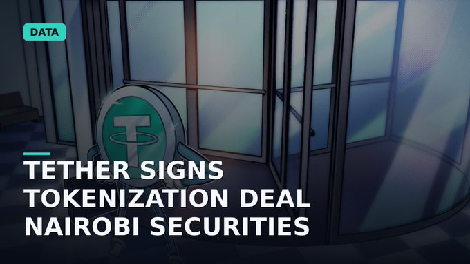 Crypto news graphic featuring a Tether (USDT) mascot behind bars with the headline 'TETHER SIGNS TOKENIZATION DEAL NAIROBI SECURITIES'.