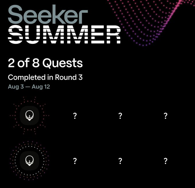 A dark screen for 'Seeker SUMMER' showing progress of '2 of 8 Quests Completed in Round 3' from 'Aug 3 — Aug 12', with a grid of locked quest icons.