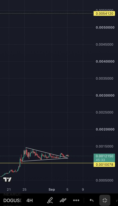 This is a 4-hour TradingView chart for NEARUS (DOGUSDT) showing a symmetrical triangle pattern forming between $0.001008 and $0.001216, with the current price at $0.005412 after a significant breakout above the triangle's resistance level, aligning with the "$DOG tik tok" post suggesting upward momentum.