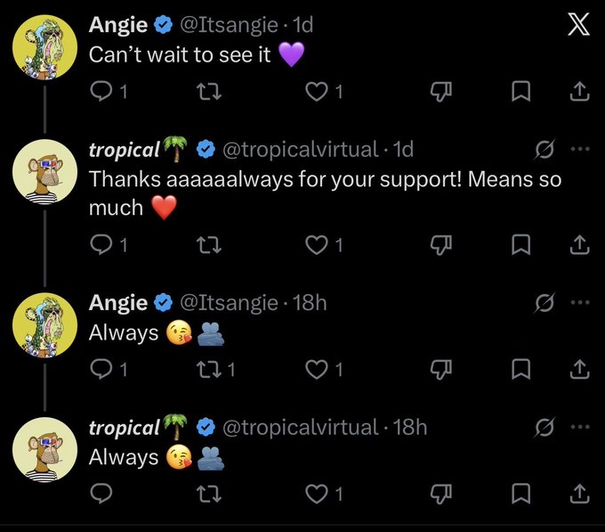 A Twitter thread showing an exchange between users Angie (@Itsangie) and tropical (@tropicalvirtual) expressing mutual support with messages like "Can't wait to see it," "Thanks aaaaaalways for your support! Means so much," and "Always" accompanied by heart and hug emojis.