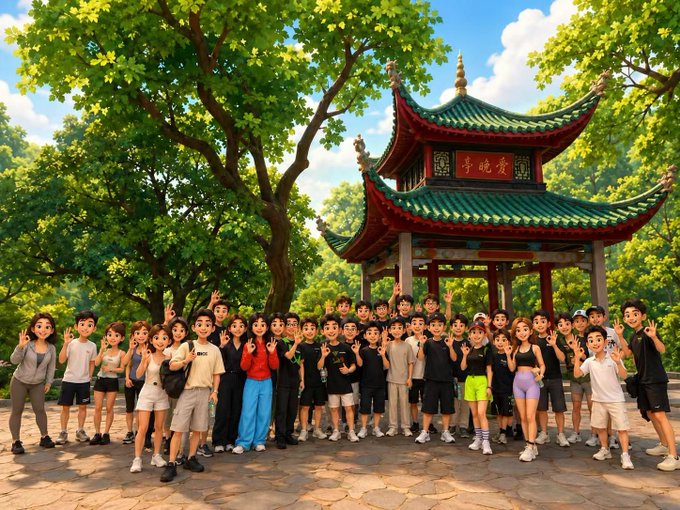 A large animated group poses cheerfully in front of a traditional Chinese pavilion featuring green-tiled roofs and a red plaque with Chinese characters, surrounded by lush trees. The image ties to the post's lively theme of group activity and community, with the pavilion's text and cultural setting evoking a sense of shared adventure in a scenic location.