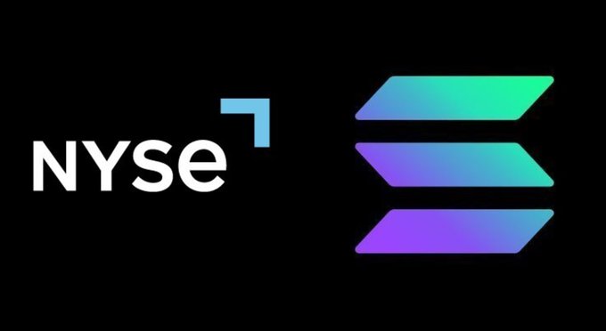 The image displays the "NYSE" logo alongside its iconic three-bar emblem in teal and purple gradient colors on a black background. This logo represents the New York Stock Exchange, which according to the post, was surpassed in weekly spot DEX trading volume by the Solana blockchain for the first time in history during the week ending September 13th.