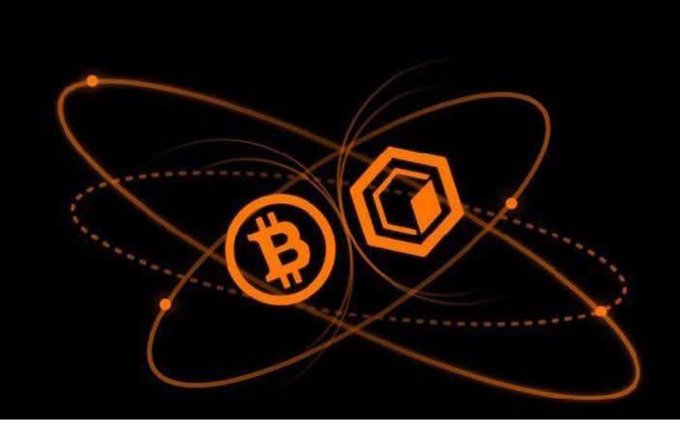 Dark background graphic with orange atomic-style orbital rings containing the Bitcoin (₿) and Core (hexagonal) cryptocurrency logos.
