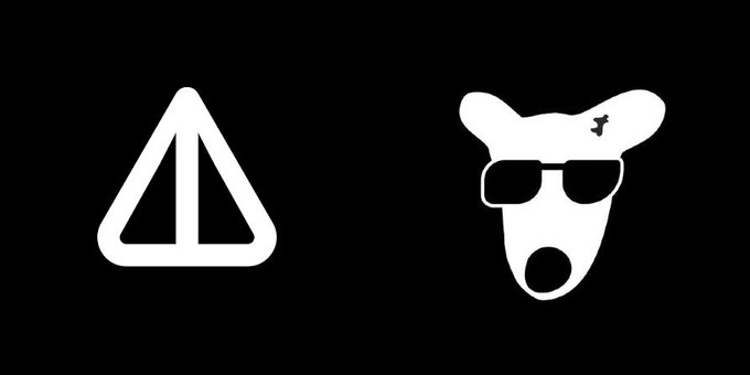 A black background displays two white minimalist icons: a triangular tent/teepee shape on the left and a stylized dog or deer head with sunglasses on the right.