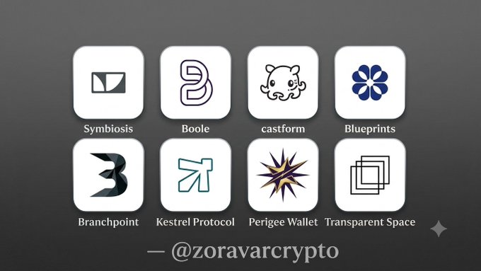 A grid of eight crypto/blockchain project logos including Symbiosis, Boole, castform, Blueprints, Branchpoint, Kestrel Protocol, Perigee Wallet, and Transparent Space, with the handle '@zoravarcrypto' at the bottom.