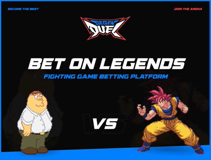 Promotional banner for 'DEGEN DUEL' fighting game betting platform with the tagline 'BET ON LEGENDS,' featuring Peter Griffin from Family Guy versus Super Saiyan God Goku from Dragon Ball.