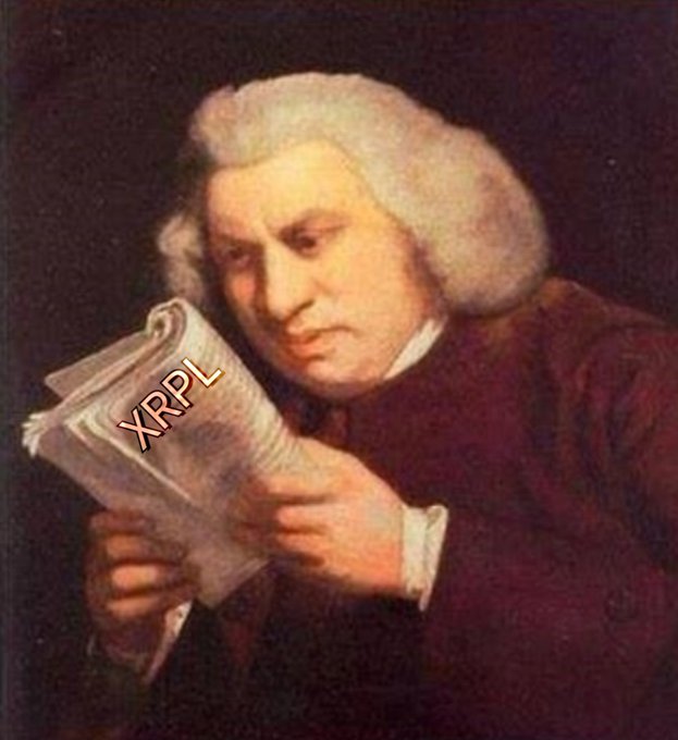 A painting of a man in a powdered wig reading a newspaper with "XRPL" (XRP Ledger) printed on the page, humorously tying into the post about interesting institutional activity on the XRP Ledger that is being teased as "on-chain alpha."