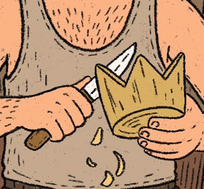 Illustration of a bearded person carving a yellow wooden crown with a knife, with wood shavings falling.