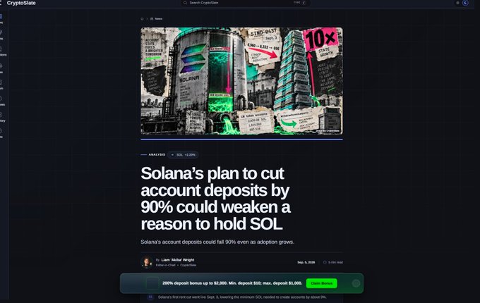 A news article from CryptoSlate titled 'Solana's plan to cut account deposits by 90% could weaken a reason to hold SOL' with an illustrated cover image.