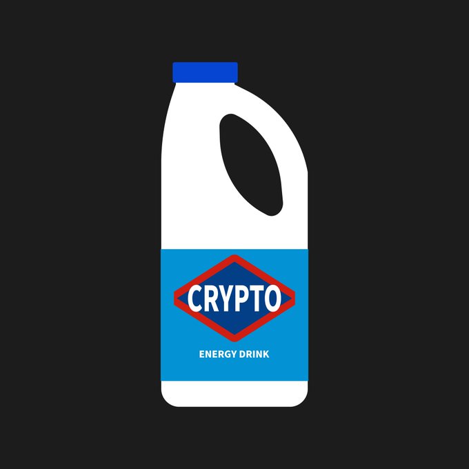 A digital illustration of a white plastic jug with a blue label reading 'CRYPTO ENERGY DRINK' inside a red and blue diamond, set against a black background.