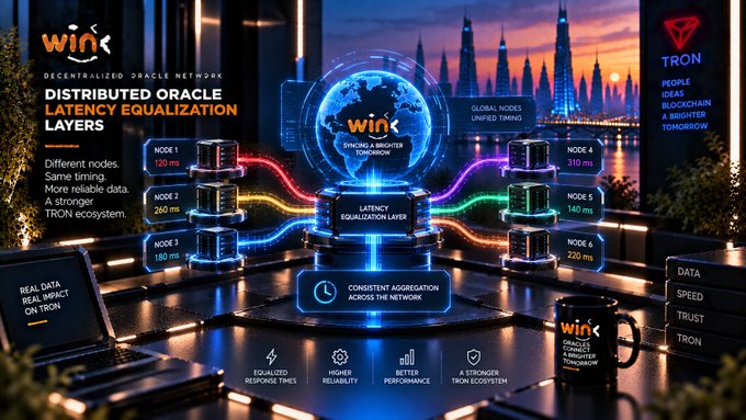 Infographic promoting the "WIN Decentralized Oracle Network" showing distributed oracle latency equalization layers on TRON, featuring global nodes with timing data (150ms, 260ms, 180ms, 310ms, 140ms, 220ms) and various feature icons.
