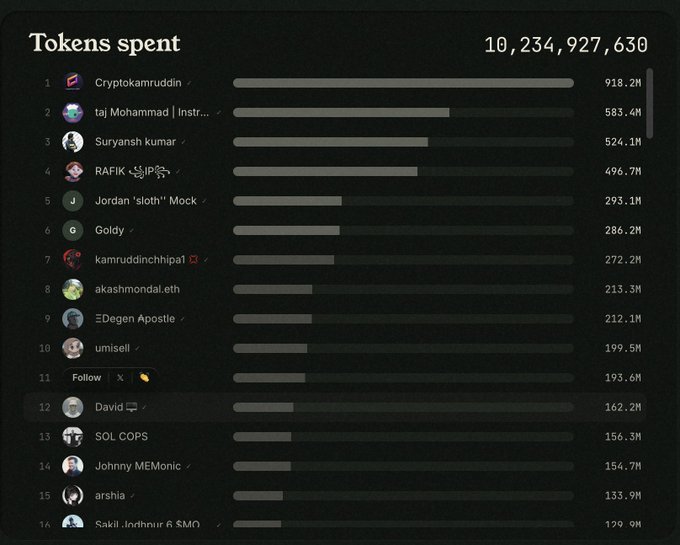 A leaderboard titled "Tokens spent" showing the top 16 users, with "Cryptokamruddin" leading at 918.2M tokens out of a total of 10,234,927,630 spent. The post "shes onto something" suggests the image highlights notable activity or performance, possibly related to a prominent user or token usage metric.