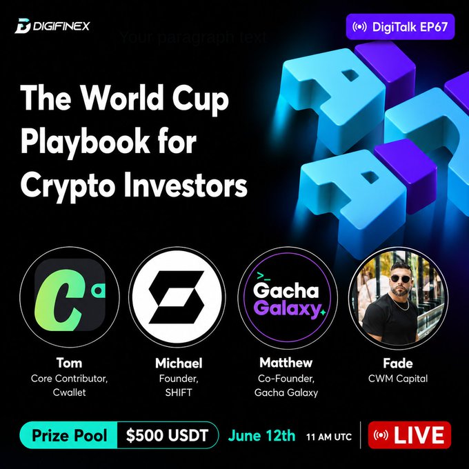 The image features an advertisement for a prize pool, likely related to cryptocurrency investing or gaming. The poster includes a black background with white text that reads "The World Cup Playbook for Crypto Investors" and "DigiTalk EP67". There are four people in the image, each wearing sunglasses and standing next to a blue block of letters spelling out "A". These individuals appear to be promoting a prize pool or contest related to cryptocurrency investing. The poster also includes text that reads "The World Cup Playbook for Crypto Investors" and "DigiTalk EP67", as well as information about the prize pool, such as its name, prize amount, and registration date.