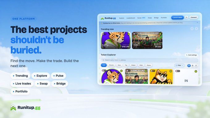 A promotional banner for Runtipup.gg with the tagline 'The best projects shouldn't be buried,' showcasing trending meme tokens like 'Fast Cat' and highlighting features such as Trending, Explore, Pulse, Live trades, Swap, Bridge, and Portfolio.