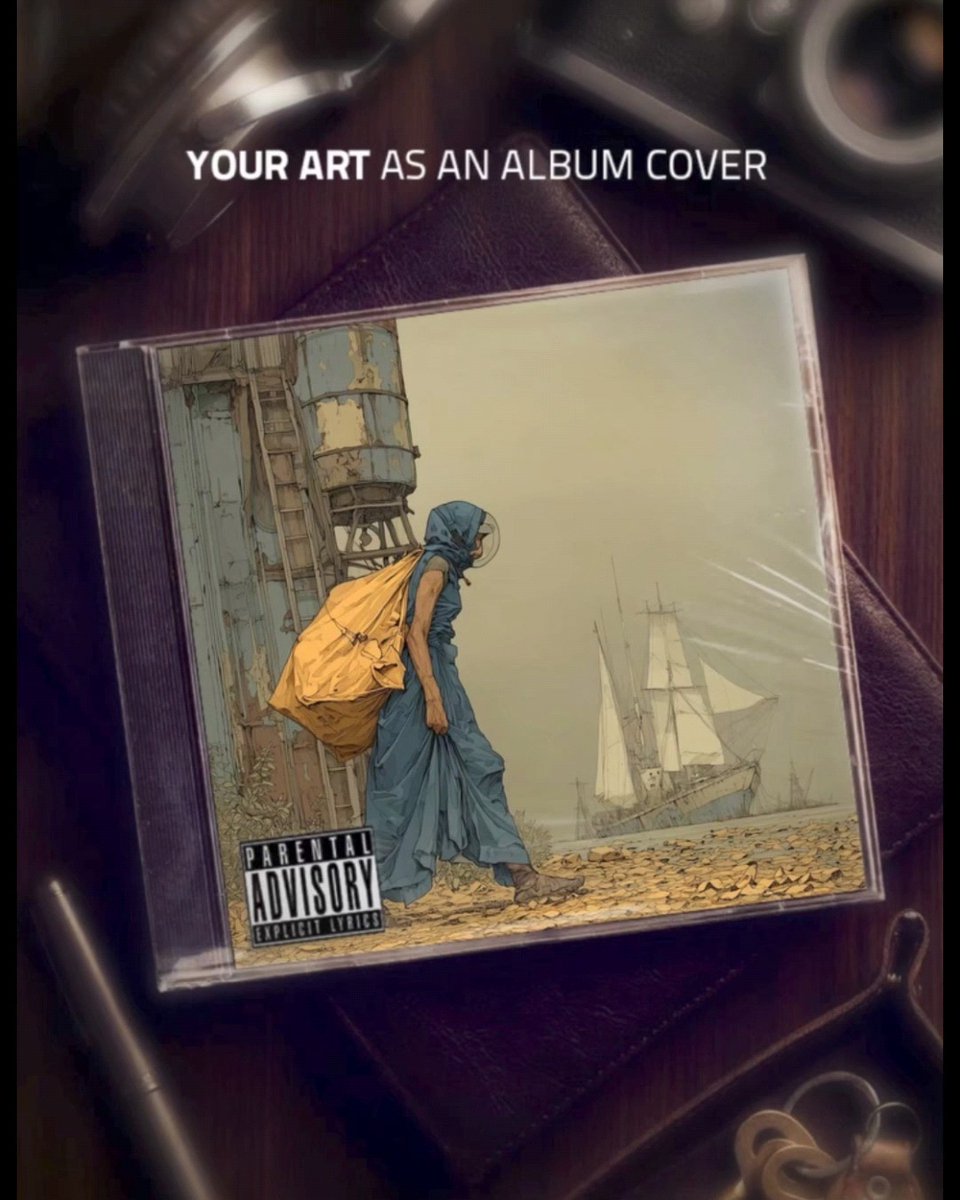 A CD album cover design mockup titled 'YOUR ART AS AN ALBUM COVER', showing an illustration of a hooded figure in blue robes carrying a yellow bag near a ladder, with sailing ships in the background and a 'PARENTAL ADVISORY EXPLICIT LYRICS' label.