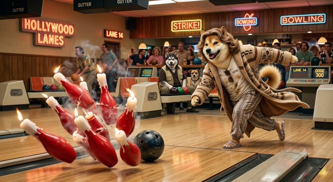 The Dude, depicted as an anthropomorphic Shiba Inu in a cardigan, releases a bowling ball at "Hollywood Lanes" where it strikes a perfect set of pins amid neon "STRIKE!", "BOWLING", and "DOGE 300" signage, tying his laid-back bowling triumph to the $DOGE ticker's bullish momentum.
